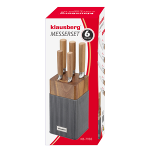 Комплект ножове Klausberg KB 7983, 6 части, Неръждаема стомана, Стойка от акациево дърво, Кафяв/графит