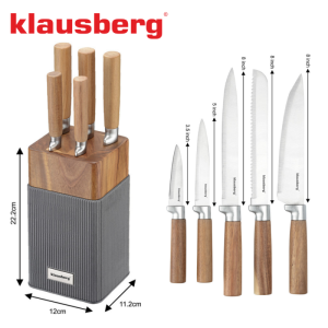 Комплект ножове Klausberg KB 7983, 6 части, Неръждаема стомана, Стойка от акациево дърво, Кафяв/графит