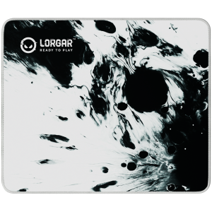 full print white and black design, bottom is black rubber with embossed LORGAR logo with double side edge stitching