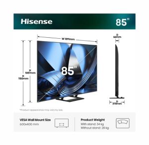 Телевизор Hisense 85"U7SE, 4K Ultra HD 3840x2160, ULED, FALD, Quantum Dot, 144Hz, IPS, HDR 10+, HLG, Dolby Vision IQ, Dolby Atmos, Smart TV, WiFi 5GHz, WiFi Direct, BT, Anyview Cast,light sensor, 4xHDMI, 2xUSB, LAN, CI+, DVB-T2/C/S2, Black