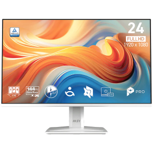 MSI PRO MP243W E14 Professional Business Monitor, 23.8" 144Hz, FHD (1920x1080) 16:9, IPS Anti-glare, 1ms, 300nits, 1500:1, 178/178, Adaptive-Sync, HDR Ready, Tilt, Speakers, 1x DP, 1x HDMI, 1x Headphone out, White, 3Y Warranty