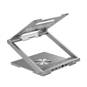 Стойка за лаптоп с отделящ се хъб CANYON CNS-SDS2 OnStand 2, TYPE C F to HDMI2.0+2USB3.0+USBC3.0+RJ45+PD, TYEP C TO C cable 1m white with Emarker: HUSB332A, Material: Aluminum case+ABS+PS, Size: 245x240x27.2+/-0.3mm, Weight:1304g