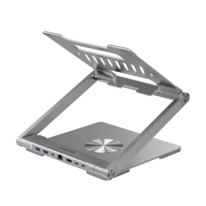 Стойка за лаптоп с отделящ се хъб CANYON CNS-SDS2 OnStand 2, TYPE C F to HDMI2.0+2USB3.0+USBC3.0+RJ45+PD, TYEP C TO C cable 1m white with Emarker: HUSB332A, Material: Aluminum case+ABS+PS, Size: 245x240x27.2+/-0.3mm, Weight:1304g