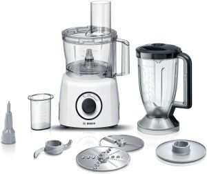 Кухненски робот Bosch MCM3230W, Compact food processor MultiTalent 3; White; 800 W, Switch settings: 2-stage; Bowl capacity: 2.30 l, Liquidiser with safety lid and capacity: 1 l; Mix bowl-max flour+ingredients: 0.80 kg, Mixing bowl-max. dry mixture 0.5 kg