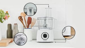 Кухненски робот Bosch MCM3230W, Compact food processor MultiTalent 3; White; 800 W, Switch settings: 2-stage; Bowl capacity: 2.30 l, Liquidiser with safety lid and capacity: 1 l; Mix bowl-max flour+ingredients: 0.80 kg, Mixing bowl-max. dry mixture 0.5 kg