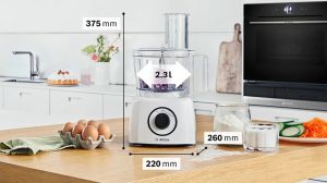 Кухненски робот Bosch MCM3230W, Compact food processor MultiTalent 3; White; 800 W, Switch settings: 2-stage; Bowl capacity: 2.30 l, Liquidiser with safety lid and capacity: 1 l; Mix bowl-max flour+ingredients: 0.80 kg, Mixing bowl-max. dry mixture 0.5 kg