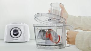 Кухненски робот Bosch MCM3230W, Compact food processor MultiTalent 3; White; 800 W, Switch settings: 2-stage; Bowl capacity: 2.30 l, Liquidiser with safety lid and capacity: 1 l; Mix bowl-max flour+ingredients: 0.80 kg, Mixing bowl-max. dry mixture 0.5 kg