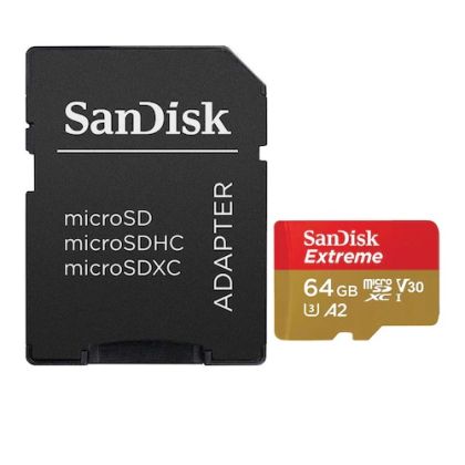 MicroSD памет SANDISK Extreme 64GB microSDXC A2 C10 V30 UHS-I U3 + SD Адаптер