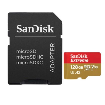 MicroSD памет 128GB SANDISK Extreme microSDXC UHS-I U3 ClassV30 A2 + SD Адаптер