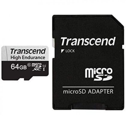 MicroSD памет 64GB TRANSCEND High Endurance USD350V, microSDXC Class 10 UHS-I U1 + SD Адаптер
