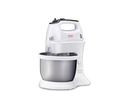 Миксер TEFAL HT312138, 300 W, 5 скорости + турбо, 2 бъркалки, 2 куки за тесто, автоматично въртяща се купа, бяла и иноксова поставка