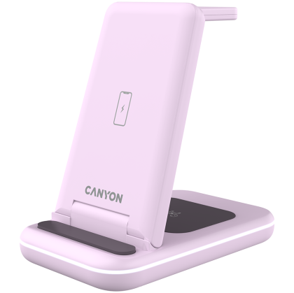 Сгъваемо безжично зарядно CANYON WS-304,  Foldable  3in1 Wireless charger, with touch button for Running water light, Input 9V/2A,  12V/1.5AOutput 15W/10W/7.5W/5W, Type c to USB-A cable length 1.2m, with QC18W EU plug, Iced Pink