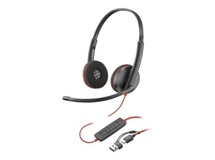 Слушалки HP Poly Blackwire 3220 (8X2J9A6), Stereo USB-C Black Headset +USB-C/A Adapter Bulk