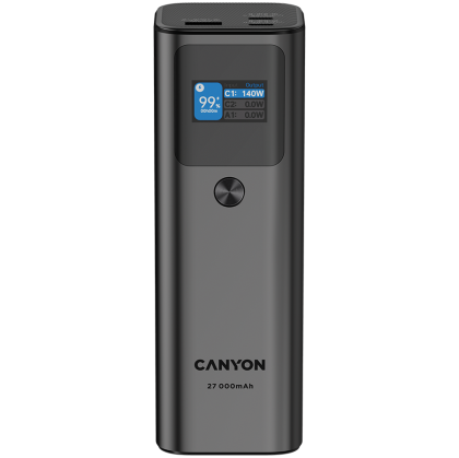 Външна батерия CANYON PB-2010 (CNE-CPB2010DG), 27000mAh/97.2Wh Li-poly battery, 2xUSB-C PD3.1 140W, USB-A QC 3.0 22.5W, TFT display, Dark Grey