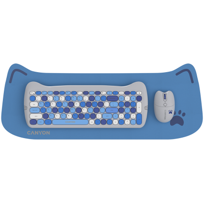Безжичен комплект CANYON HSET-W6 Kitty Edition (CNS-HSETW6BL), 2.4 GHz Wireless, Клавиатура + Мишка + Подложка за мишка, Blue