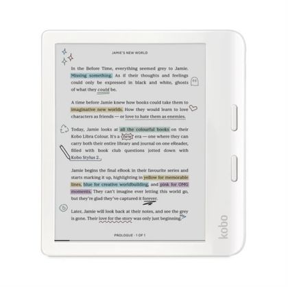 Ел. книга KOBO Libra Colour e-Book Reader, E Ink Kaleido touchscreen 7 inch, 1680 x 1264, 32 GB, 2 GHz, Greutate 0.215 kg, Wireless Da, Comfort Light PRO, IPX8 - up to 60 mins in 2 metres of water, 15 file formats supported natively, White