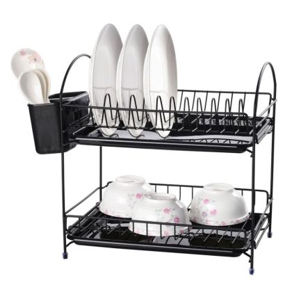 Сушилник за съдове ROSBERG R53000E, 34 см, С 2 тави, Поставка за прибори, Черен