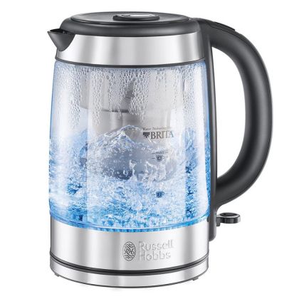 Стъклена електрическа кана с филтър RUSSELL HOBBS Clarity 20760-57, 2200W, 1L, Осветена, Скрит нагревател, SCHOTT DURAN, Филтър BRITA, Инокс