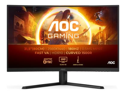 Монитор AOC CQ32G4VE, 31.5" Fast VA Curved 1500R, QHD (2560x1440) 180Hz, 16:9, 0.5ms, 300 cd/m2, 3500:1, Adaptive Sync, 2xHDMI, DP, Black/Grey
