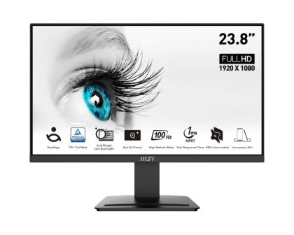 Монитор MSI PRO MP2412, 23.8" VA, FullHD (1920x1080) 100Hz, 16:9, 1ms, 4000:1, 300 cd/m2, Adaptive Sync, HDMI, DP, Black - 9S6-3BA9CH-059