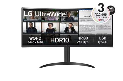 Монитор LG 34WR55QK-B UltraWide, 34" VA Curved 1800R, WQHD (3440x1440) 100Hz, 21:9, 5ms, 3000:1, 300 cd/m2, Dynamic Action Sync, 2xHDMI, DisplayPort, USB type-C, 2xUSB 3.0, Black
