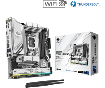 Дънна платка ASROCK B860M Steel Legend WiFi (Intel 1851, 4 x DDR5, 1 x Blazing M.2, 3 x Hyper M.2, 2.5 Gigabit LAN, Wi-Fi 6E, HDMI, DisplayPort) Micro ATX