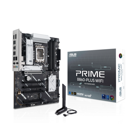 Дънна платка ASUS PRIME B860-PLUS WIFI (Intel 1851, 4 x DDR5, 2 x M.2, 2.5G LAN, Wi-Fi 6E, HDMI, DP) ATX
