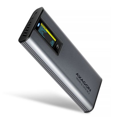 Кутия за SSD AXAGON EEM2-SD2 USB-C 3.2 Gen 2 - M.2 NVMe / SATA SSD 30-80mm ALU box grey, LCD display