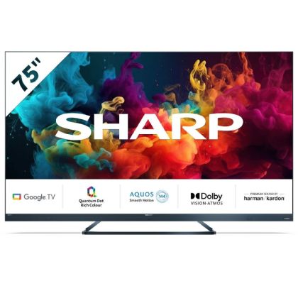 Телевизор Sharp 75FQ5EM2, 75" QLED Google TV, 4K Ultra HD 144Hz Quantum Dot 3840x2160 Aluminium Slim Frameless, AQUOS AI UltraClear, AQUOS Smooth Motion 144Hz, Active Motion 1400, Light Sensor OPC, Hybrid HARMAN/KARDON Speaker System, Dolby Vision IQ, Dol