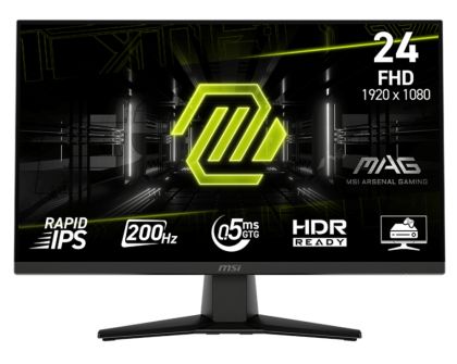 Монитор MSI MAG 242F, 23.8", 0.5ms, 200Hz, Rapid IPS, 1920x1080 (FHD), 16:9, AMD FreeSync Premium, 89% DCI-P3, AG, HDR Ready, 300 nits, 1000:1, DCR 100M:1, DP(1.2a), HDMI 2.0b, Tilt, VESA, Black, 3kg