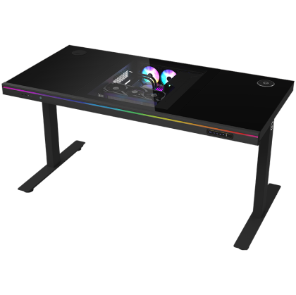 Геймърско бюро LORGAR LRG-DE90G, Dual-motor sit/stand adjustable-height gaming desk with built-in PC case, wireless charger, RGB lighting, control panel, and USB ports, tempered glass tabletop, black.