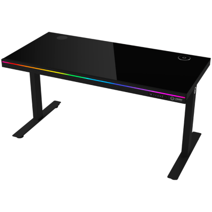 Геймърско бюро LORGAR LRG-DP80G, Dual-motor sit/stand adjustable-height gaming desk with wireless charger, RGB lighting, control panel, and USB ports, solid tempered glass tabletop, black.