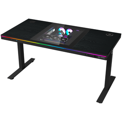 Геймърско бюро LORGAR LRG-DE90W, Dual-motor sit/stand adjustable-height gaming desk with built-in PC case, wireless charger, RGB lighting, control panel, and USB ports, wooden tabletop, black.