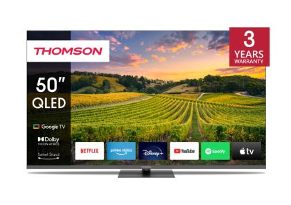 Телевизор Thomson 50" QLED Google TV; 3840 x 2160 (4K UHD), 4000:1, QLED, 60 Hz, DVB-T/T2/C/S/S2, HDR10, Wi-Fi, Bluetooth, LAN, HDMI 2 (2.0) + 2 (2.1), USB 2 (2.0) + 1 (3.0), Hotel mode, Central Swivel Stand, Dark gray