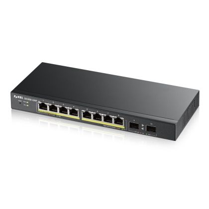 Комутатор ZyXEL GS1900-10HP v2, 8-port GbE L2 PoE Smart Switch + 2 SFP slots, 802.3at, desktop, fanless, 70 Watt + 2x Lanberg patch cord CAT.6 FTP 3m, red