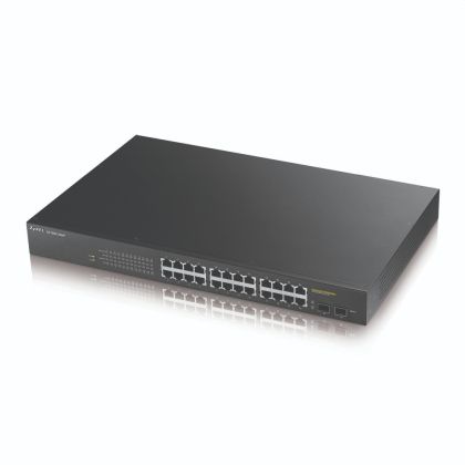 Комутатор ZyXEL GS1900-24HP v2, 24-port GbE L2 PoE + 2 x GbE SFP slots, Smart Switch, rackmount, 170 Watt + 2x Lanberg patch cord CAT.6 FTP 3m, red