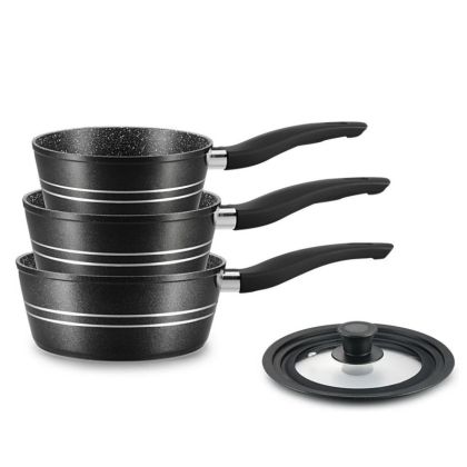 Комплект касероли Royalty Line RL-FS3M BLACK, 4 бр, Незалепващо покритие, Без PFOA, Студени дръжки, Индукция, Черен