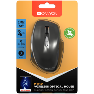 Безжична мишка CANYON CNS-CMSW21DG  2.4 GHz  Wireless , 1600 dpi, 	Dark Gray