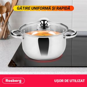 Комплект тенджери ROSBERG R51210O6, 6 части, 3-5 L, Стъклен капак, Инокс