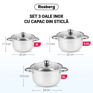 Комплект тенджери ROSBERG R51210O6, 6 части, 3-5 L, Стъклен капак, Инокс