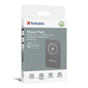 Външна батерия Verbatim MCP-5GY Power Pack 5000 mAh with UBS-C PD 20W / Magnetic Wireless Charging 15W Grey