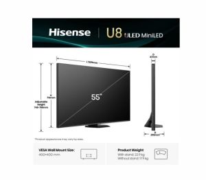 Телевизор 55" HISENSE 55U8Q ULED Mini LED TV, 4K Ultra HD, Smart TV, 165 Hz, Quantum Dot, Wi-Fi, Anthracite Gray
