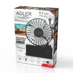 Преносим ръчен вентилатор Adler AD 7336, Сгъваем, 6.5 см, 46.2 dB, 2xAA, Перка наклонена под ъгъл 30 градуса, Черен