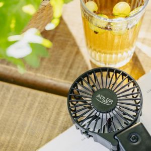 Преносим ръчен вентилатор Adler AD 7336, Сгъваем, 6.5 см, 46.2 dB, 2xAA, Перка наклонена под ъгъл 30 градуса, Черен