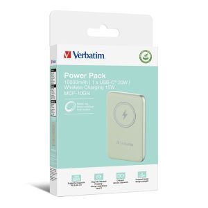 Външна батерия Verbatim MCP-10GN Power Pack 10000 mAh with UBS-C PD 20W / Magnetic Wireless Charging 15W Green