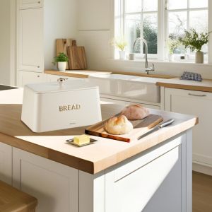 Кутия за хляб Kinghoff KH 1950, 35 см, Метално тяло, Бамбуков капак, Бежов/златист