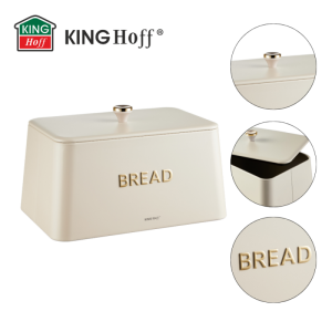 Кутия за хляб Kinghoff KH 1950, 35 см, Метално тяло, Бамбуков капак, Бежов/златист