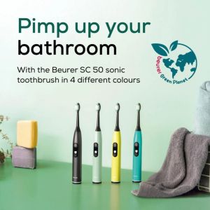 Електрическа четка за зъби Beurer SC 50 ocean breeze Electric Sonic Toothbrush, up to 80,000 mov/min, 5 cleaning programs: Clean, Sensitive, Polish, Gum Care, Whiten, Pressure sensor , 2-min. timer, Incl. 2 toothbrush heads and magnetic charging plate, 22