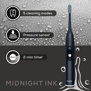 Електрическа четка за зъби Beurer SC 50 midnight ink, Electric Sonic Toothbrush, up to 80,000 mov/min, 5 cleaning programs: Clean, Sensitive, Polish, Gum Care, Whiten, Pressure sensor , 2-min. timer, Incl. 2 toothbrush heads and magnetic charging plate, 2