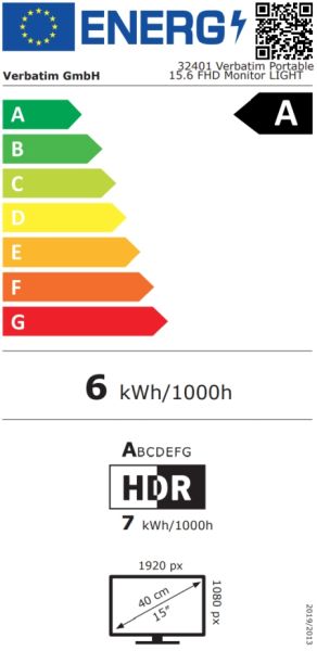 Монитор VERBATIM Portable LIGHT Series, 15.6" IPS, Full HD (1920x1080) 60Hz, 16:9, 10ms, 250cd/m², 1000:1, Speakers, 2xUSB-C, Mini HDMI, Black